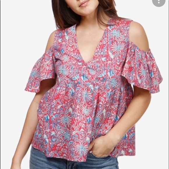 Lucky Brand Tops - LUCKY BRAND Women’s Floral Red Blue Cold Shoulder Baby Doll Top Sz S